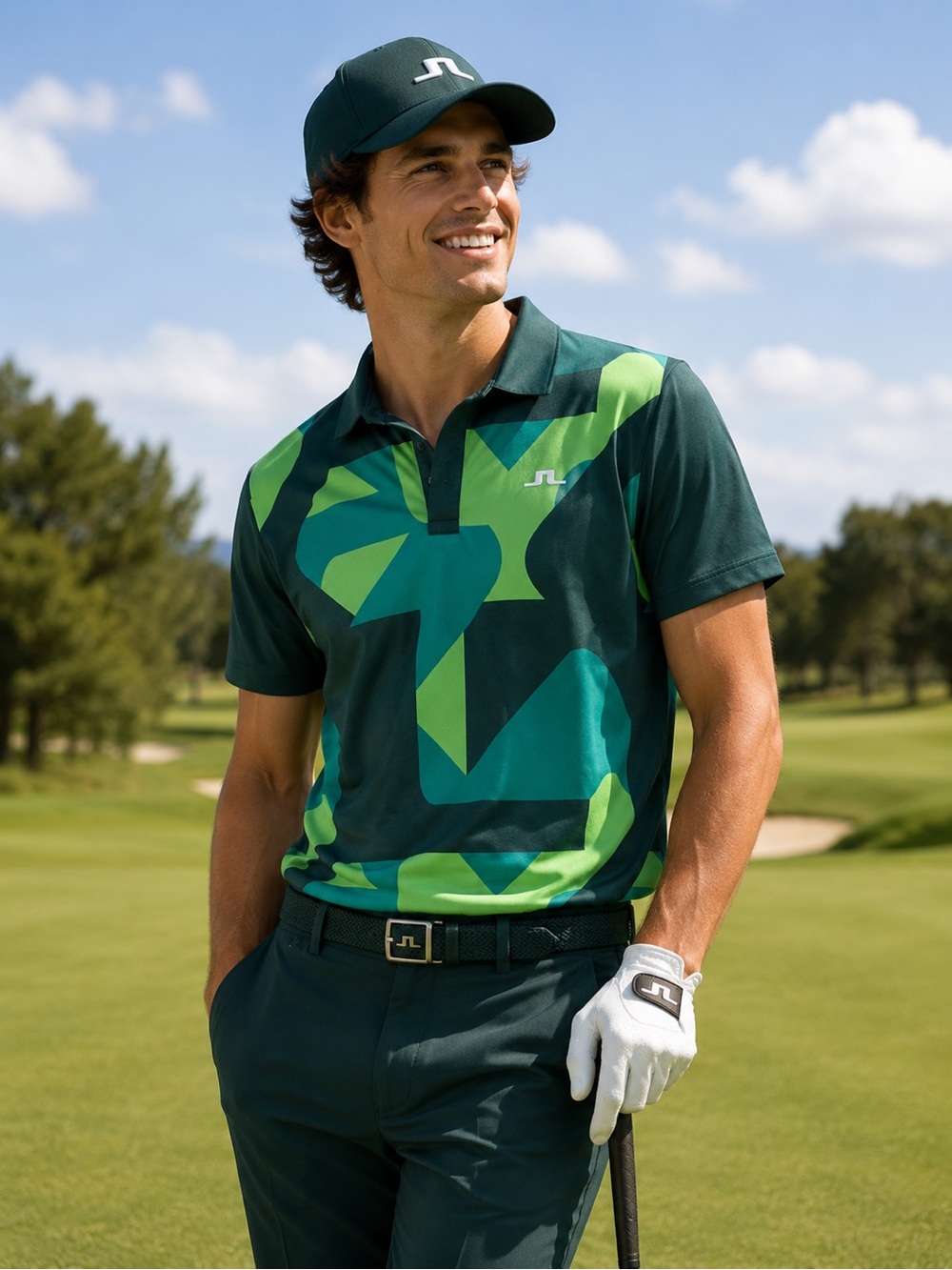 J.Lindeberg Dark Green and Lime Golf Polo